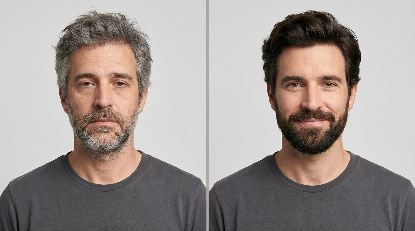 Before and after salt and pepper hair transformation with Kiwinz